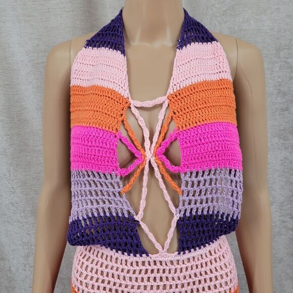 Davi & Dani Colorful Crochet Halter Dress Beach Swimsuit Cover Up Open Back NEW - Picture 4 of 11